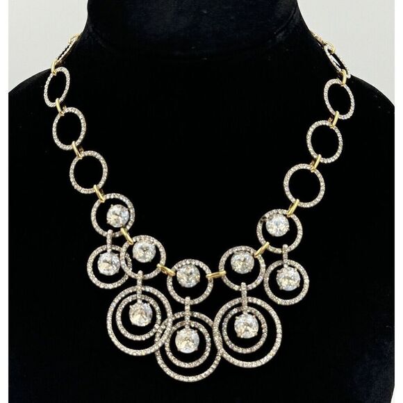 Vintage J.Crew Two Tone Pave Clear Rhinestone Circle Statement Bib Necklace - Picture 1 of 15